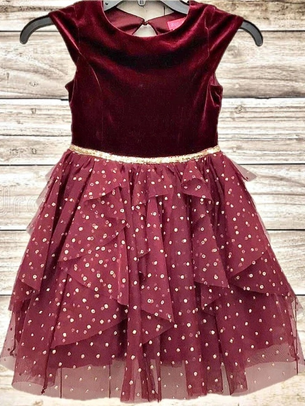 EUC Zunie Girl Fit & Flare Burgundy Velvet Bodice & Tulle Gold Glitter Dot Dress